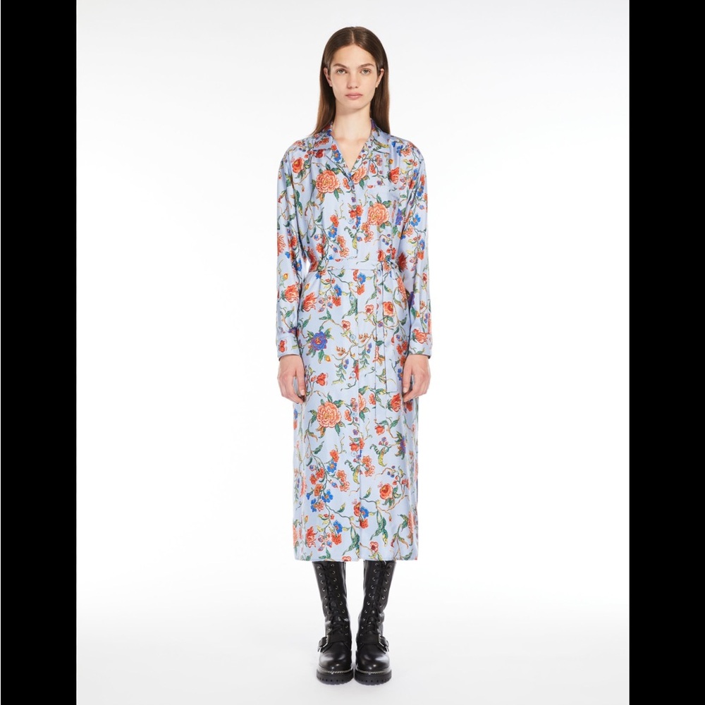 Max Mara Light Blue Floral Silk Midi Shirt Dress – Long Sleeve, Romantic Print, - Picture 2 of 8